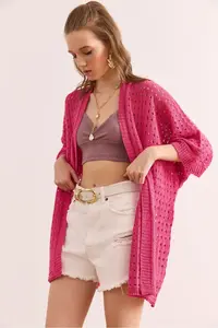 Olalook Women Fuchsia Cellular Summer Knitwear Cardigan - Image 4