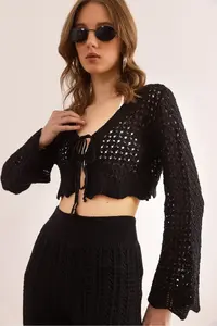 Olalook Women's Black Spanish Lace Front Sleeve Openwork Cardigan