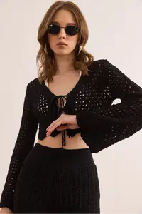 Olalook Women's Black Spanish Lace Front Sleeve Openwork Cardigan - Image 3