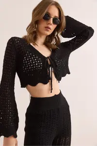 Olalook Women's Black Spanish Lace Front Sleeve Openwork Cardigan - Image 4