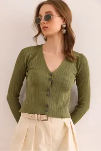 Olalook Women's Khaki Button Detailed Soft Textured Knitwear Cardigan