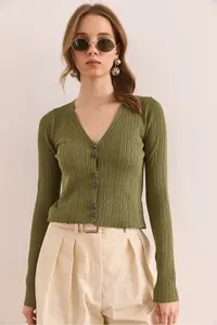 Olalook Women's Khaki Button Detailed Soft Textured Knitwear Cardigan - Image 2