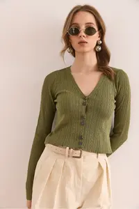 Olalook Women's Khaki Button Detailed Soft Textured Knitwear Cardigan - Image 3