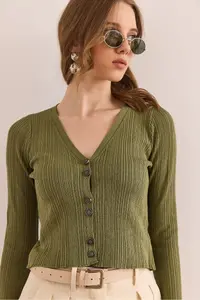 Olalook Women's Khaki Button Detailed Soft Textured Knitwear Cardigan - Image 4
