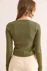 Olalook Women's Khaki Button Detailed Soft Textured Knitwear Cardigan - Image 6