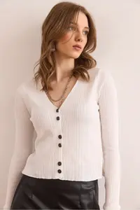 Olalook Women's White Button Detailed Soft Textured Knitwear Cardigan