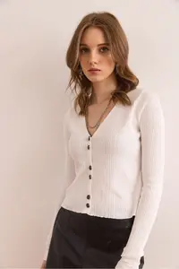 Olalook Women's White Button Detailed Soft Textured Knitwear Cardigan - Image 2