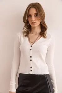 Olalook Women's White Button Detailed Soft Textured Knitwear Cardigan - Image 3