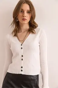 Olalook Women's White Button Detailed Soft Textured Knitwear Cardigan - Image 4