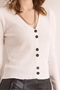 Olalook Women's White Button Detailed Soft Textured Knitwear Cardigan - Image 5