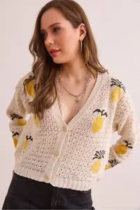 Olalook Women's Ecru Pineapple Motif Openwork Crop Cardigan