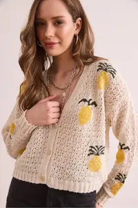 Olalook Women's Ecru Pineapple Motif Openwork Crop Cardigan - Image 5