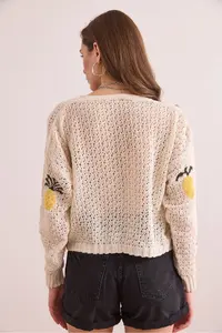 Olalook Women's Ecru Pineapple Motif Openwork Crop Cardigan - Image 6