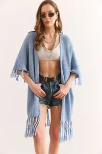 Olalook Women's Baby Blue Tasseled Openwork Seasonal Cardigan