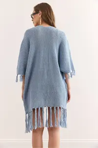 Olalook Women's Baby Blue Tasseled Openwork Seasonal Cardigan - Image 2
