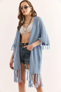 Olalook Women's Baby Blue Tasseled Openwork Seasonal Cardigan - Image 3