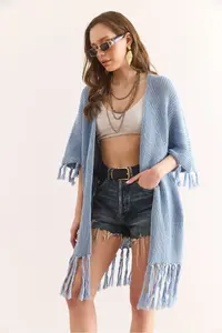 Olalook Women's Baby Blue Tasseled Openwork Seasonal Cardigan - Image 4