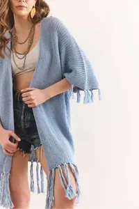 Olalook Women's Baby Blue Tasseled Openwork Seasonal Cardigan - Image 5