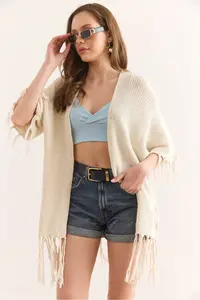 Olalook Women's Stone Tasseled Openwork Seasonal Cardigan - Image 2