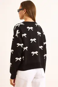 Olalook Women's Black Crew Neck Bow Detailed Buttoned Cardigan - Image 2