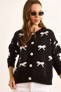 Olalook Women's Black Crew Neck Bow Detailed Buttoned Cardigan - Image 3