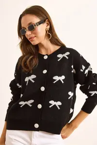 Olalook Women's Black Crew Neck Bow Detailed Buttoned Cardigan - Image 5