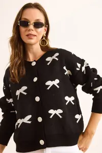 Olalook Women's Black Crew Neck Bow Detailed Buttoned Cardigan - Image 6
