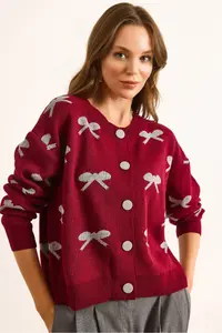 Olalook Women's Claret Red Crew Neck Bow Detailed Buttoned Cardigan