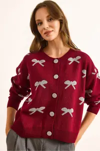 Olalook Women's Claret Red Crew Neck Bow Detailed Buttoned Cardigan - Image 2