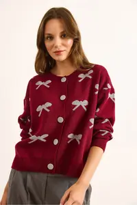 Olalook Women's Claret Red Crew Neck Bow Detailed Buttoned Cardigan - Image 3