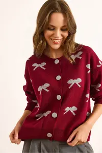Olalook Women's Claret Red Crew Neck Bow Detailed Buttoned Cardigan - Image 4