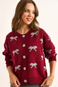 Olalook Women's Claret Red Crew Neck Bow Detailed Buttoned Cardigan - Image 5