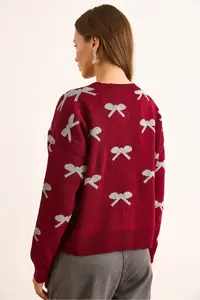 Olalook Women's Claret Red Crew Neck Bow Detailed Buttoned Cardigan - Image 6