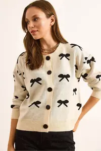Olalook Women's Ecru Crew Neck Bow Detailed Buttoned Cardigan