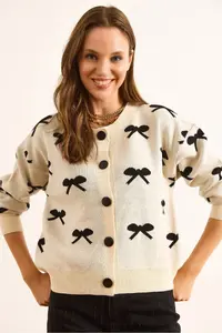 Olalook Women's Ecru Crew Neck Bow Detailed Buttoned Cardigan - Image 2