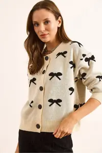 Olalook Women's Ecru Crew Neck Bow Detailed Buttoned Cardigan - Image 3