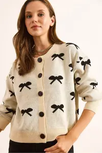 Olalook Women's Ecru Crew Neck Bow Detailed Buttoned Cardigan - Image 4