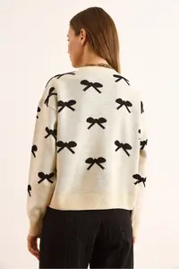 Olalook Women's Ecru Crew Neck Bow Detailed Buttoned Cardigan - Image 5