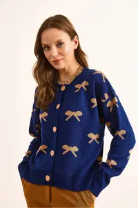Olalook Women's Navy Blue Crew Neck Bow Detailed Buttoned Cardigan - Image 2