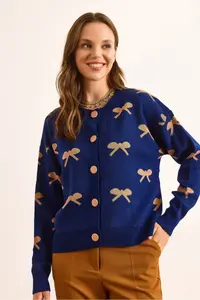 Olalook Women's Navy Blue Crew Neck Bow Detailed Buttoned Cardigan - Image 3
