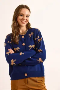 Olalook Women's Navy Blue Crew Neck Bow Detailed Buttoned Cardigan - Image 4