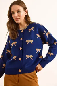 Olalook Women's Navy Blue Crew Neck Bow Detailed Buttoned Cardigan - Image 5