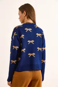 Olalook Women's Navy Blue Crew Neck Bow Detailed Buttoned Cardigan - Image 6
