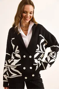Olalook Women's Black Double Buttoned Oversize Knitwear Cardigan