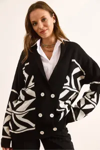 Olalook Women's Black Double Buttoned Oversize Knitwear Cardigan - Image 4