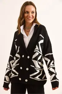 Olalook Women's Black Double Buttoned Oversize Knitwear Cardigan - Image 5