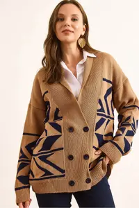 Olalook Women's Camel Double Buttoned Oversize Knitwear Cardigan
