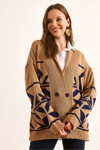 Olalook Women's Camel Double Buttoned Oversize Knitwear Cardigan - Image 3