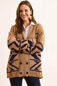 Olalook Women's Camel Double Buttoned Oversize Knitwear Cardigan - Image 4