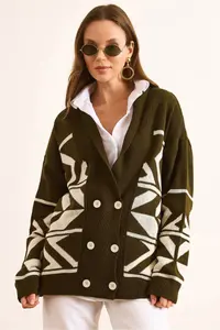 Olalook Women's Khaki Double Buttoned Oversize Knitwear Cardigan